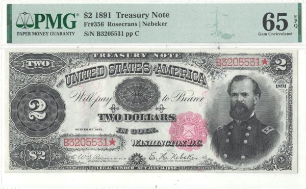 1891 $2 Treasury Note Fr-356 PMG Gem CU-65 EPQ - Image 2