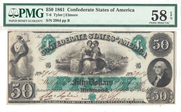 1861 $50 Confederate Note T-6 Military Endorsement PMG AU-58 EPQ - Image 2