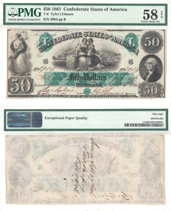 1861 $50 Confederate Note T-6 Military Endorsement PMG AU-58 EPQ
