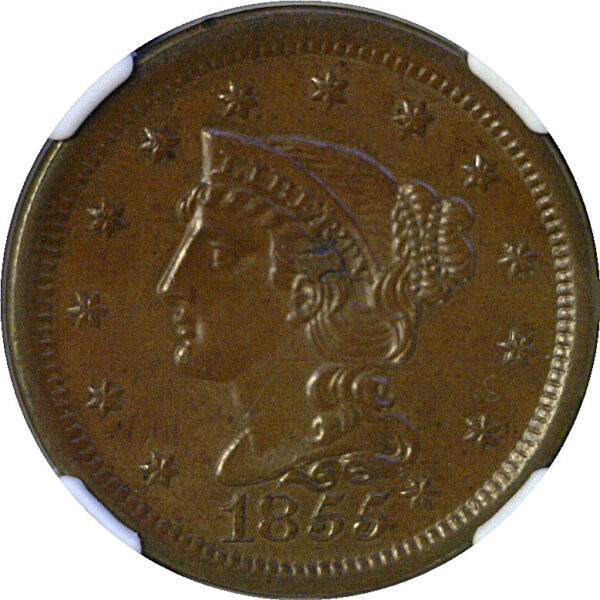 1855 Knob on Ear.  Large Cent.  -   NGC MS-64 BN - Image 2