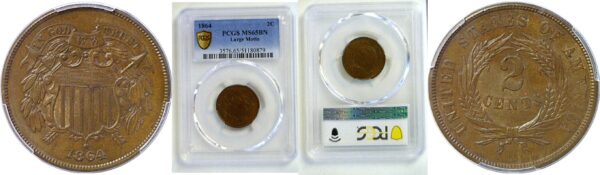 1864 Large Motto.  Two Cent Piece. -  PCGS MS-65 BN