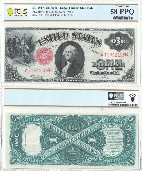1917 $1 Legal Tender Note Star Note Fr-38m* PCGS AU-58 PPQ