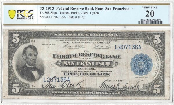1915 $5 Federal Reserve Bank Note Fr-808 PCGS VF-20 - Image 2