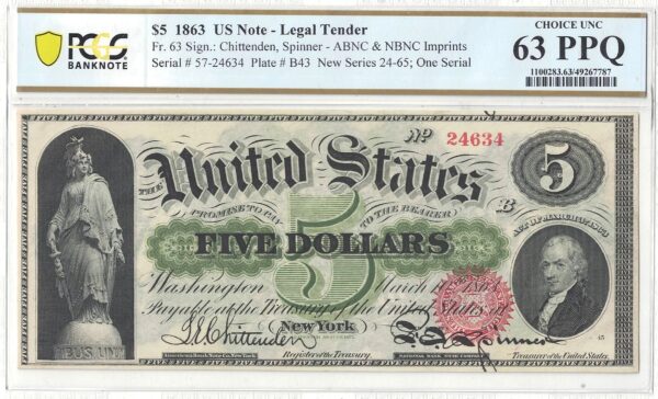 1863 $5 Legal Tender Note Fr-63 PCGS Choice Uncirculated-63 PPQ - Image 2
