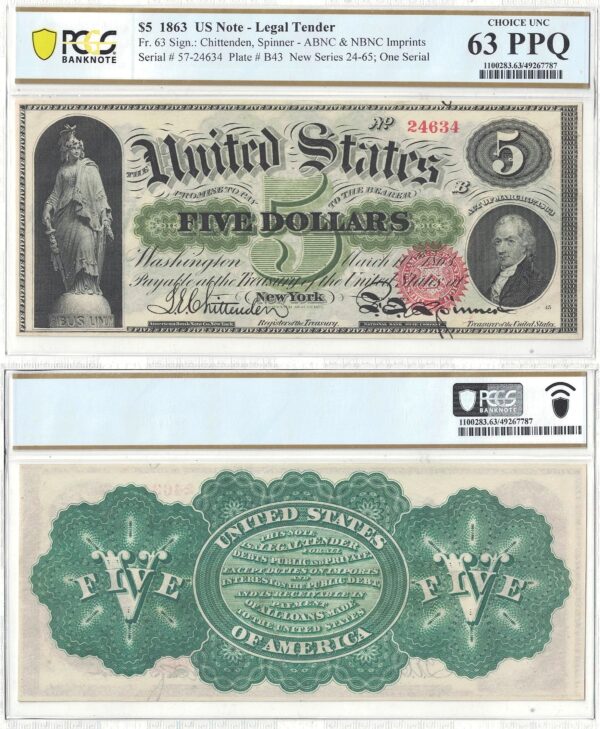 1863 $5 Legal Tender Note Fr-63 PCGS Choice Uncirculated-63 PPQ