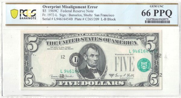1969-C $5 Federal Reserve Note Overprint Misalignment Error PCGS Gem CU-66 PPQ - Image 2