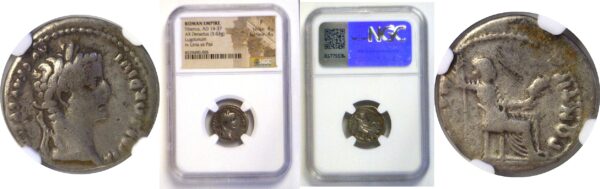 Roman Tiberius 14-37 AD AR Denarius Lugdunum NGC F 4/4