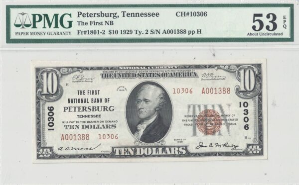 1929 $10 Petersburg, Tennessee PMG AU-53 EPQ Charter 10306 - Image 2