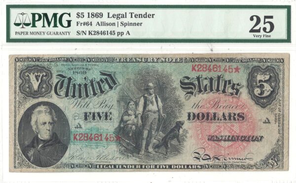 1869 $5 Legal Tender Note Fr-64 PMG VF-25 - Image 2