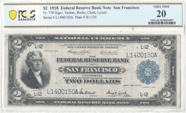 1918 $2 Federal Reserve Bank Note Fr-778 PCGS VF-20 - Image 2