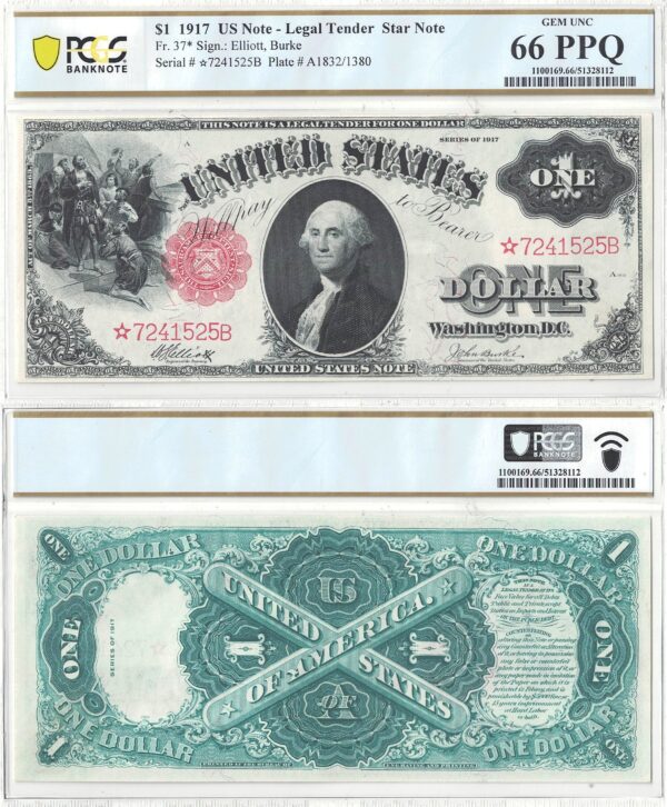 1917 $1 Legal Tender Star Note Fr-37* PCGS Gem CU-66 PPQ