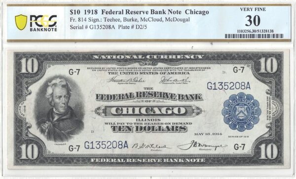 1918 $10 Federal Reserve Bank Note Fr-814 PCGS VF-30 - Image 2