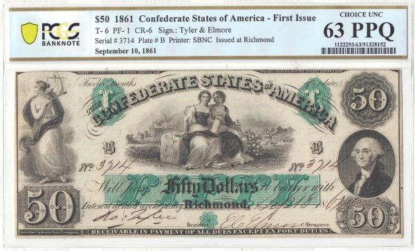 1861 $50 Confederate Note T-6 PCGS Choice CU-63 PPQ - Image 2