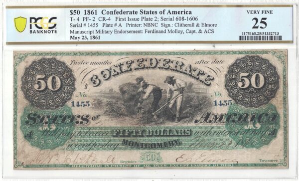 1861 $50 Confederate Note T-4 PCGS VF-25 Military Endorsement - Image 2