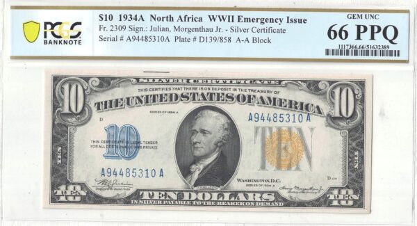 1934-A $10 North Africa Fr-2309 PCGS Gem CU-66 PPQ - Image 2