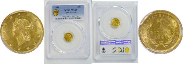 1849 Open Wreath.  One Dollar Gold Coin.  -   PCGS MS-63