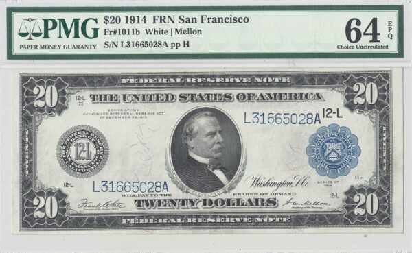 1914 $20 Federal Reserve Note Fr-1011b PMG Choice Uncirculated-64 EPQ - Image 2