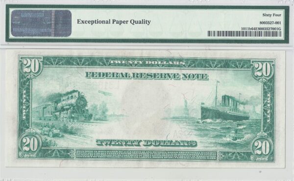 1914 $20 Federal Reserve Note Fr-1011b PMG Choice Uncirculated-64 EPQ - Image 3