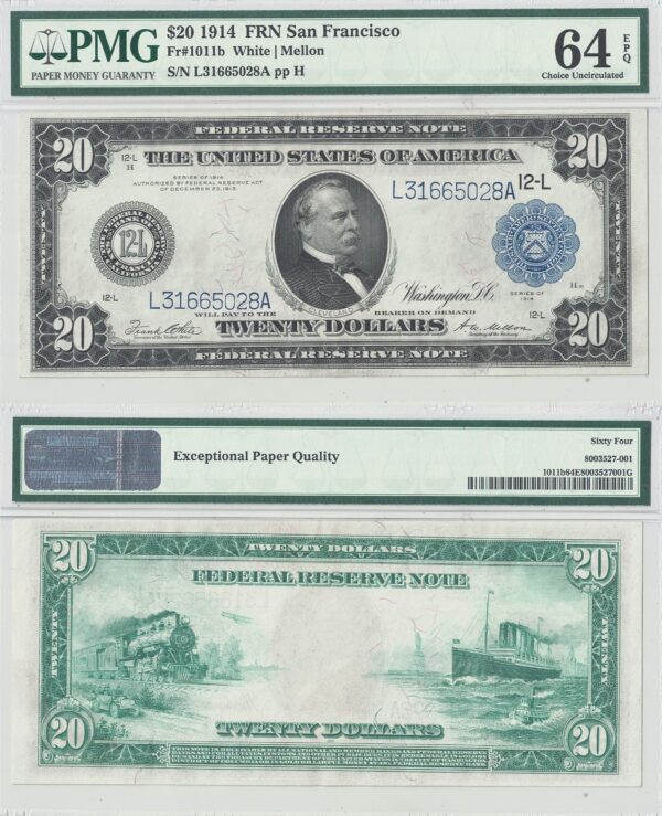 1914 $20 Federal Reserve Note Fr-1011b PMG Choice Uncirculated-64 EPQ