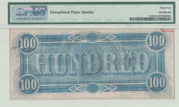 1864 $100 Confederate States Note T-65 PMG Choice CU-64 EPQ - Image 3