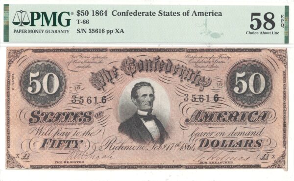 1864 $50 Confederate Note T-66 PMG AU-58 EPQ - Image 2