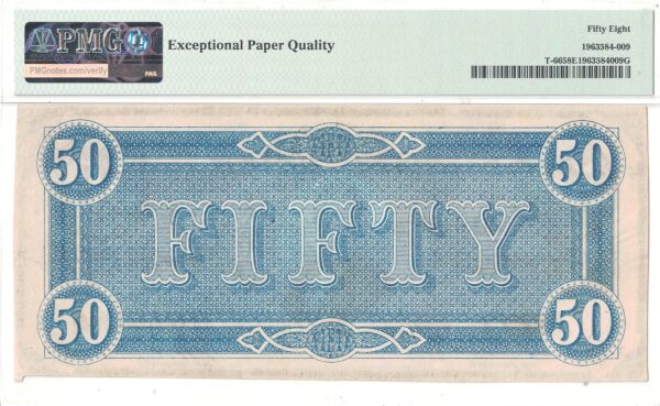 1864 $50 Confederate Note T-66 PMG AU-58 EPQ - Image 3