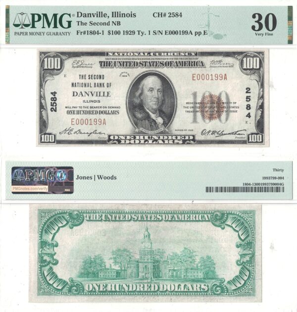 1929 $100 Danville, Illinois Charter 2584 PMG VF-30