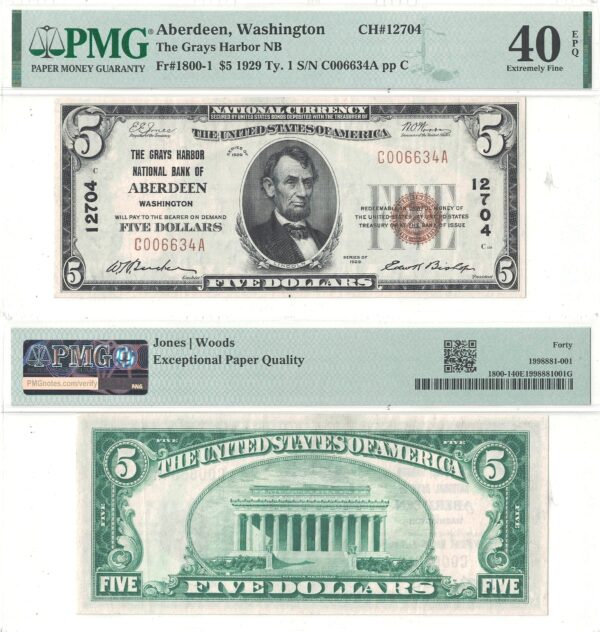 1929 $5 Aberdeen, Washington Charter 12704 PMG XF-40 EPQ