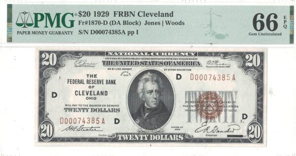 1929 $20 Federal Reserve Bank Note Fr-1870-D PMG Gem CU-66 EPQ - Image 2