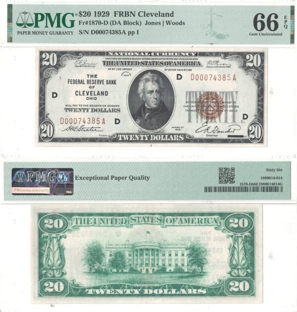 1929 $20 Federal Reserve Bank Note Fr-1870-D PMG Gem CU-66 EPQ