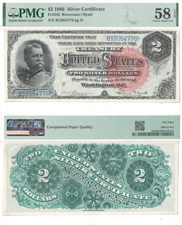 1886 $2 Silver Certificate Fr-242 PMG AU-58 EPQ