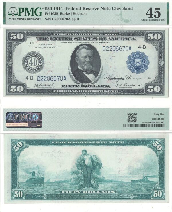 1914 $50 Federal Reserve Note Fr-1038 PMG XF-45