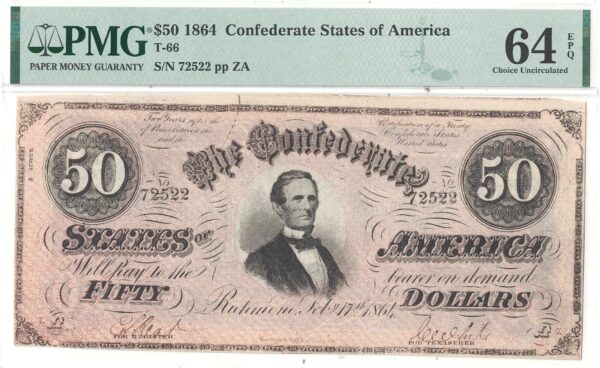 1864 $50 Confederate Note T-66 PMG Choice CU-64 EPQ - Image 2