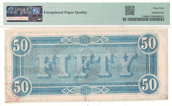 1864 $50 Confederate Note T-66 PMG Choice CU-64 EPQ - Image 3