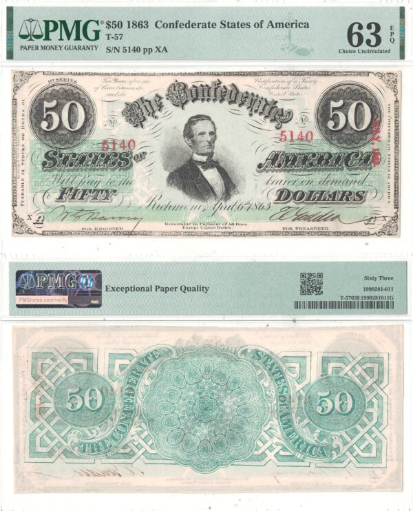 1863 $50 Confederate Note T-57 PMG Choice CU-63 EPQ