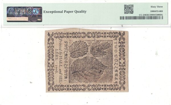 2/17/1776 Two Dollars Continental Currency Fr CC-24 PMG Choice CU-63 EPQ - Image 3