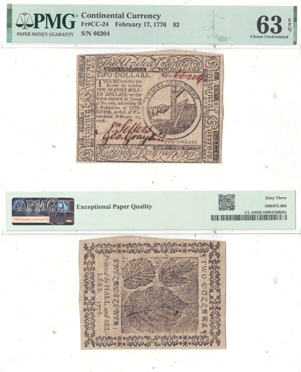 2/17/1776 Two Dollars Continental Currency Fr CC-24 PMG Choice CU-63 EPQ