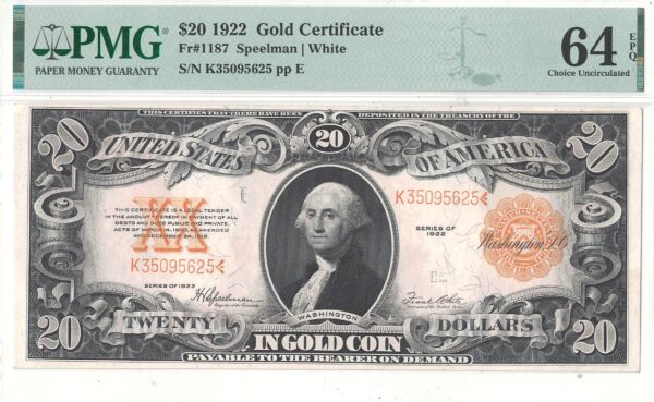 1922 $20 Gold Certificate Fr-1187 PMG Choice CU-64 EPQ - Image 2