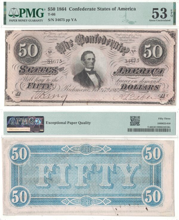 1864 $50 Confederate Note T-66 PMG AU-53 EPQ