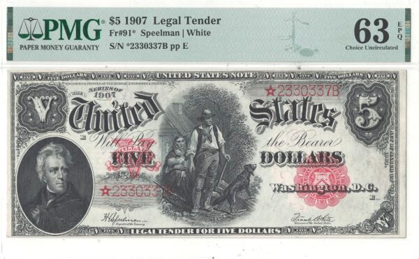 1907 $5 Legal Tender Star Note Note Fr-91* PMG Choice CU-63 EPQ - Image 2