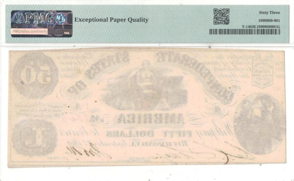1861 $50 Confederate Note T-14 PMG Choice CU-63 EPQ - Image 3