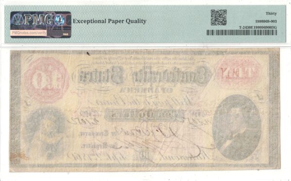 1861 $10 Confederate Note T-24 PMG VF-30 EPQ - Image 3