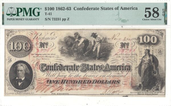 1862 $100 Confederate Note T-41 PMG AU-58 EPQ - Image 2