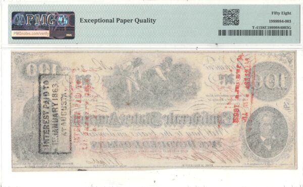 1862 $100 Confederate Note T-41 PMG AU-58 EPQ - Image 3
