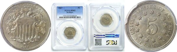 1867 No Rays.  Shield Nickel. -  PCGS MS-62