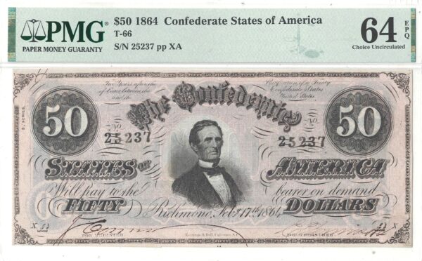 1864 $50 Confederate Note T-66 PMG Choice CU-64 EPQ - Image 2