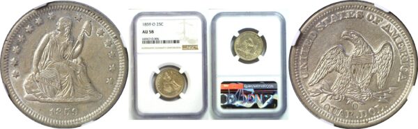 1859-O Seated Liberty Quarter. -  NGC AU-58