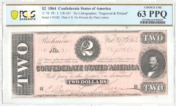 1864 $2 Confederate Note T-70 PCGS Choice CU-63 PPQ - Image 2
