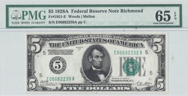 1928-A $5 Federal Reserve Note Fr-1951-E PMG Gem CU-65 EPQ - Image 2