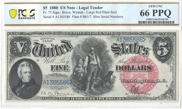 1880 $5 Legal Tender Note Fr-73 PCGS Gem CU-66 PPQ - Image 2